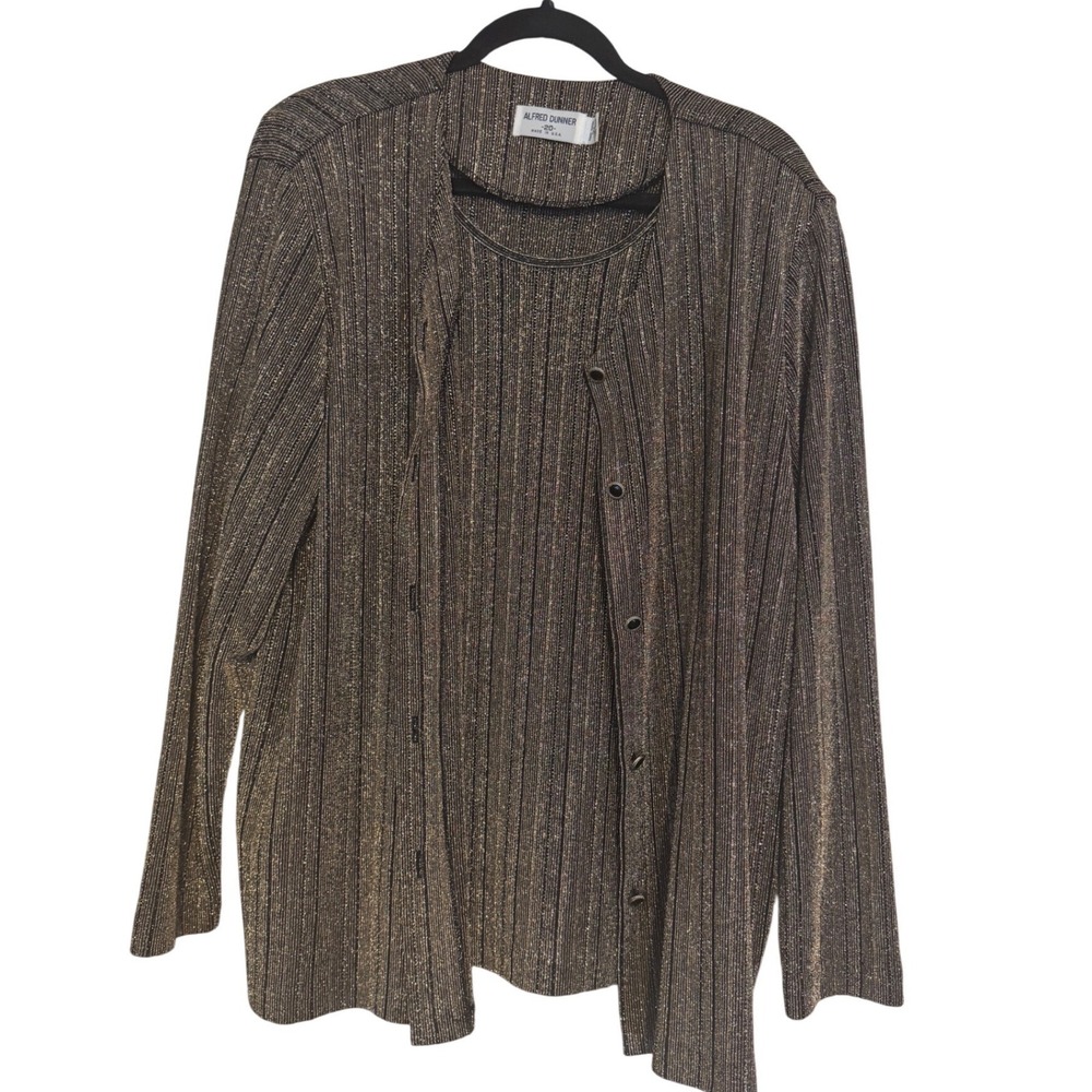 Alfred Dunner Womens Metallic Knit Twin Set Cardigan Shell Bronze Black Size 20
